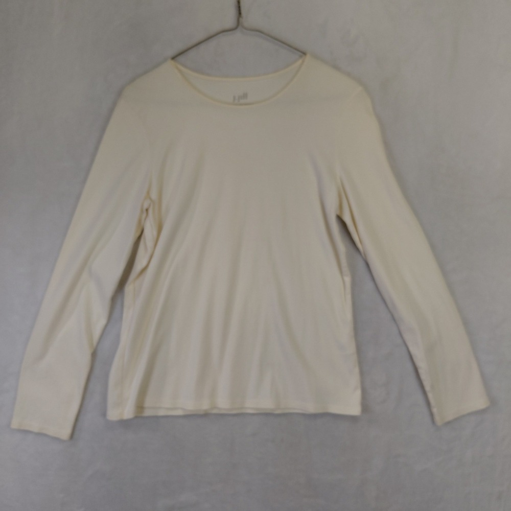 J.Jill Cream Satin Trimmed Long Sleeve Tee Shirt MP Petite Ivory Crew Neck